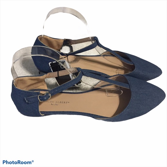 NWT Charles Albert Denim T Strap Flats Pointed Toe